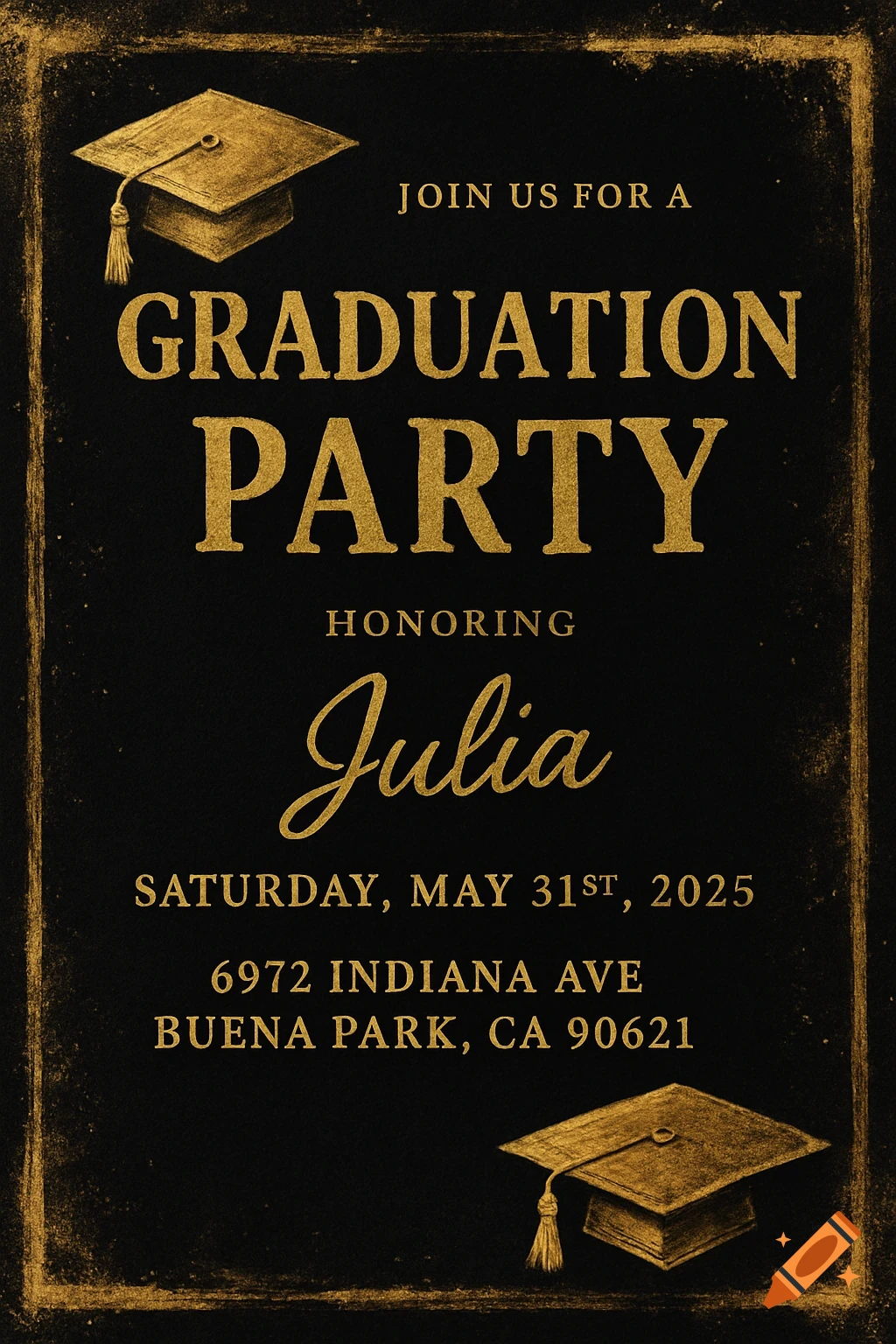 Black and gold graduation party invitation with text and two graduation caps.