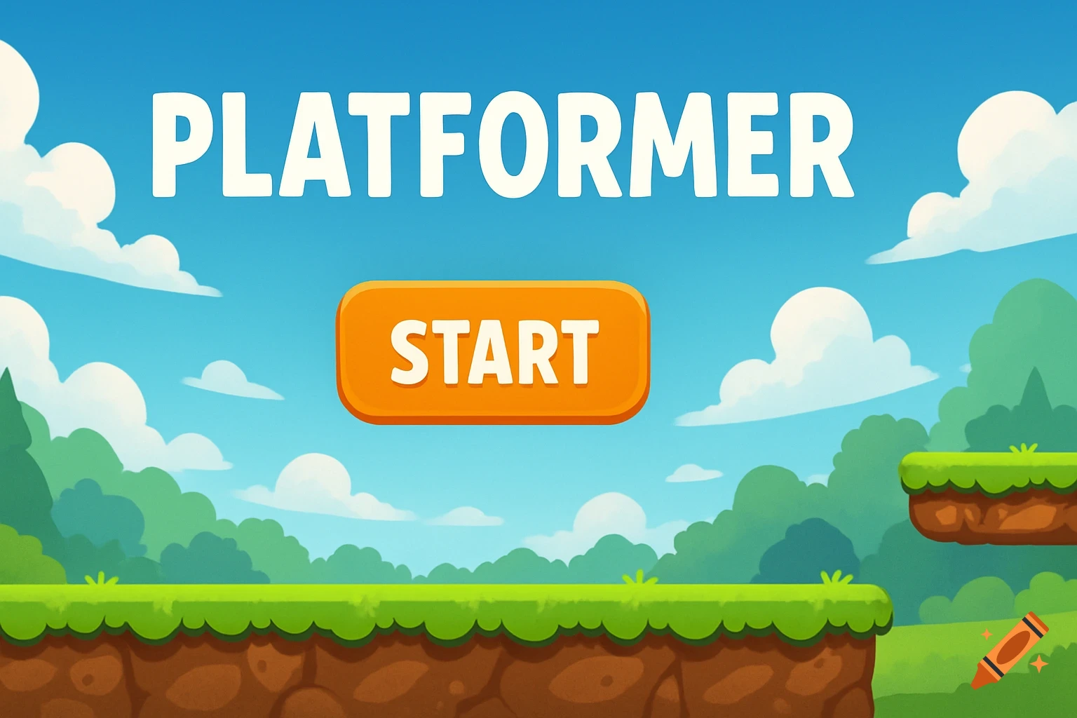 Cartoon title screen for a 2d platformer game with text 'PLATFORMER' and 'START' button.