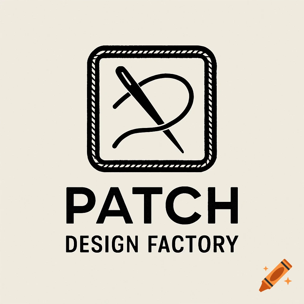 A black and white logo featuring a needle and thread icon above the text PATCH DESIGN FACTORY.