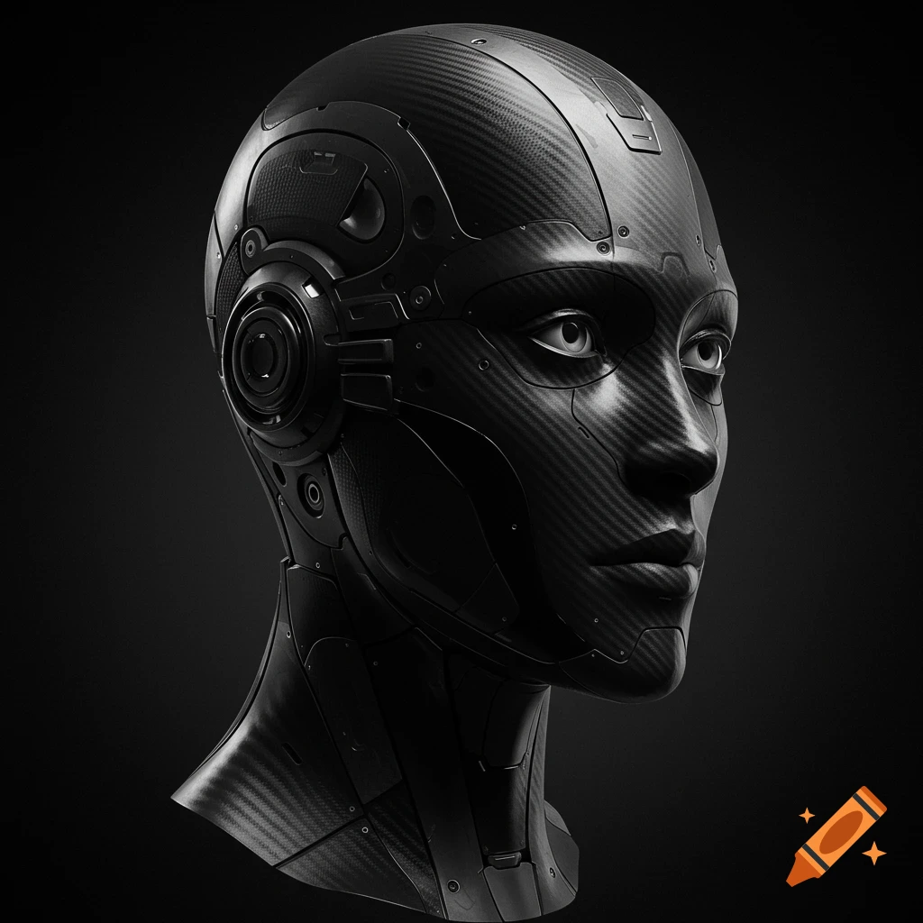 A close-up of a human-shaped robot head made of black carbon fiber.