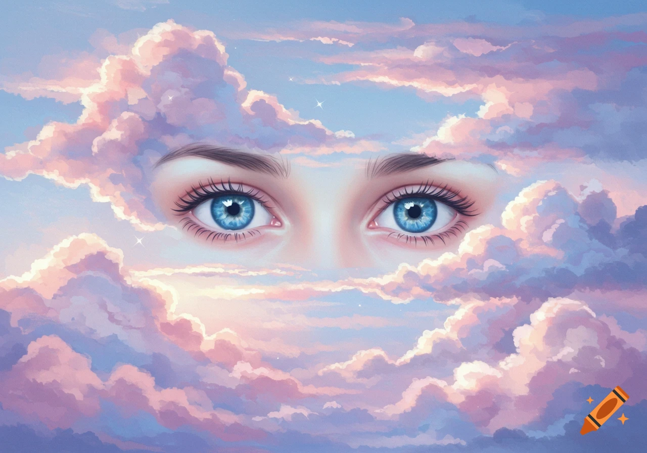 Pair of bright blue eyes peeking through pastel pink and purple clouds.