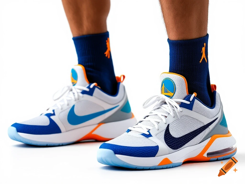 Close-up of legs wearing blue basketball socks and blue, white, and orange basketball shoes.