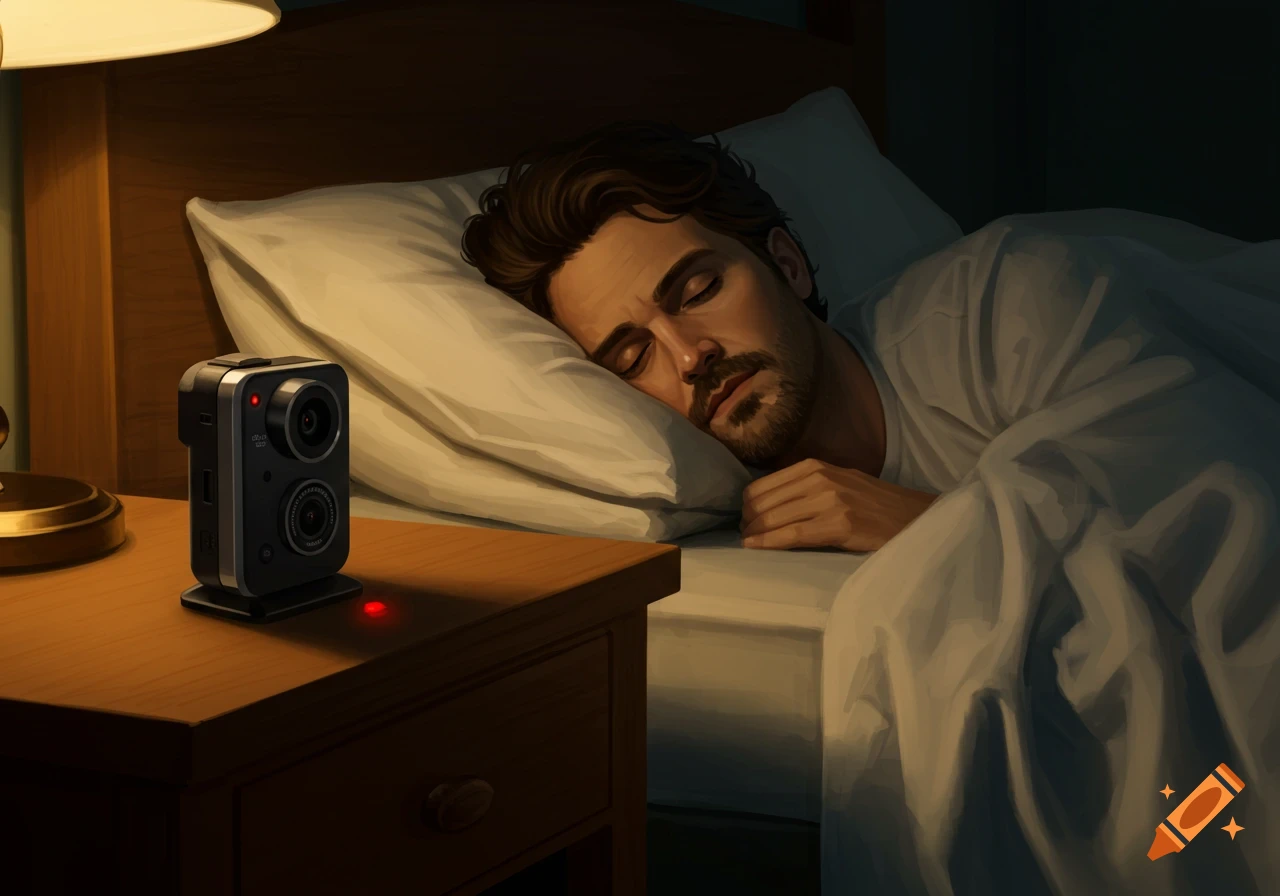 A man sleeps soundly in bed while a small camera sits on the nightstand beside him.