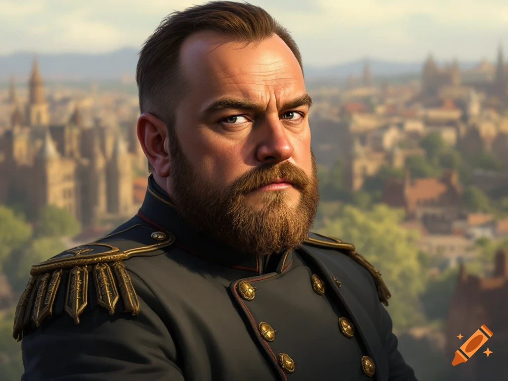 Portrait of a man with beard and mustache in a military uniform, stylized like a video game character.