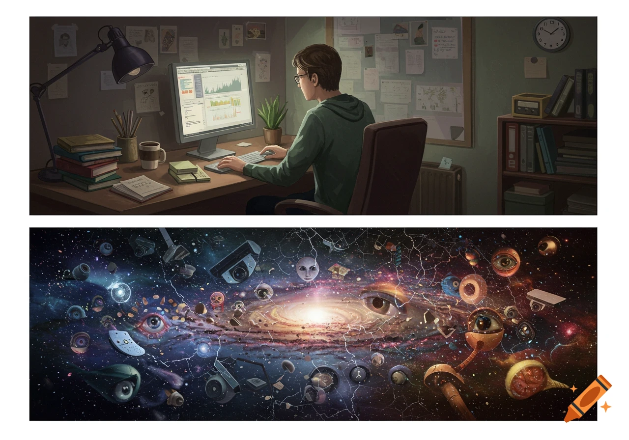 An image split horizontally: the top shows a person at a desk with a computer; the bottom shows a cosmic scene with eyes and surveillance cameras.
