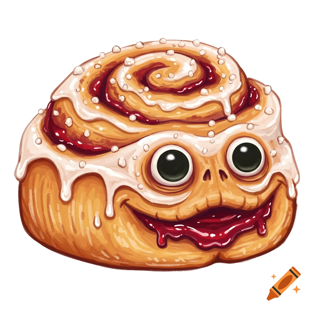 Illustration of a funny, creepy cinnamon roll with large eyes and a wide grin, covered in white icing.