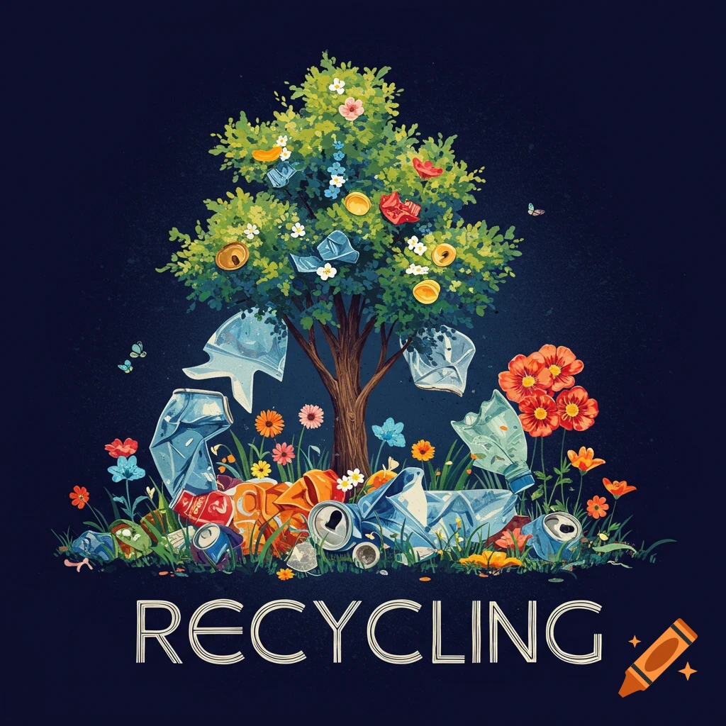 Illustration of a tree growing out of a pile of garbage and flowers, with the word RECYCLING below.