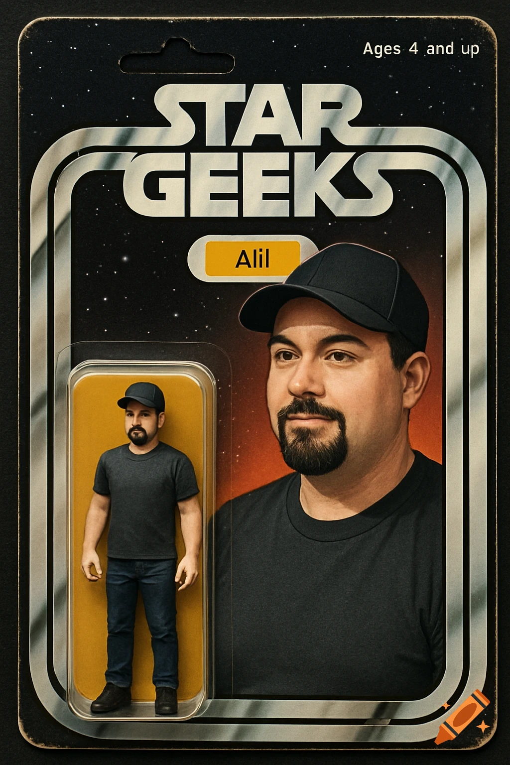 STAR GEEKS action figure packaging featuring an action figure and portrait of a man named Alil, in the style of classic sci-fi toy packaging.