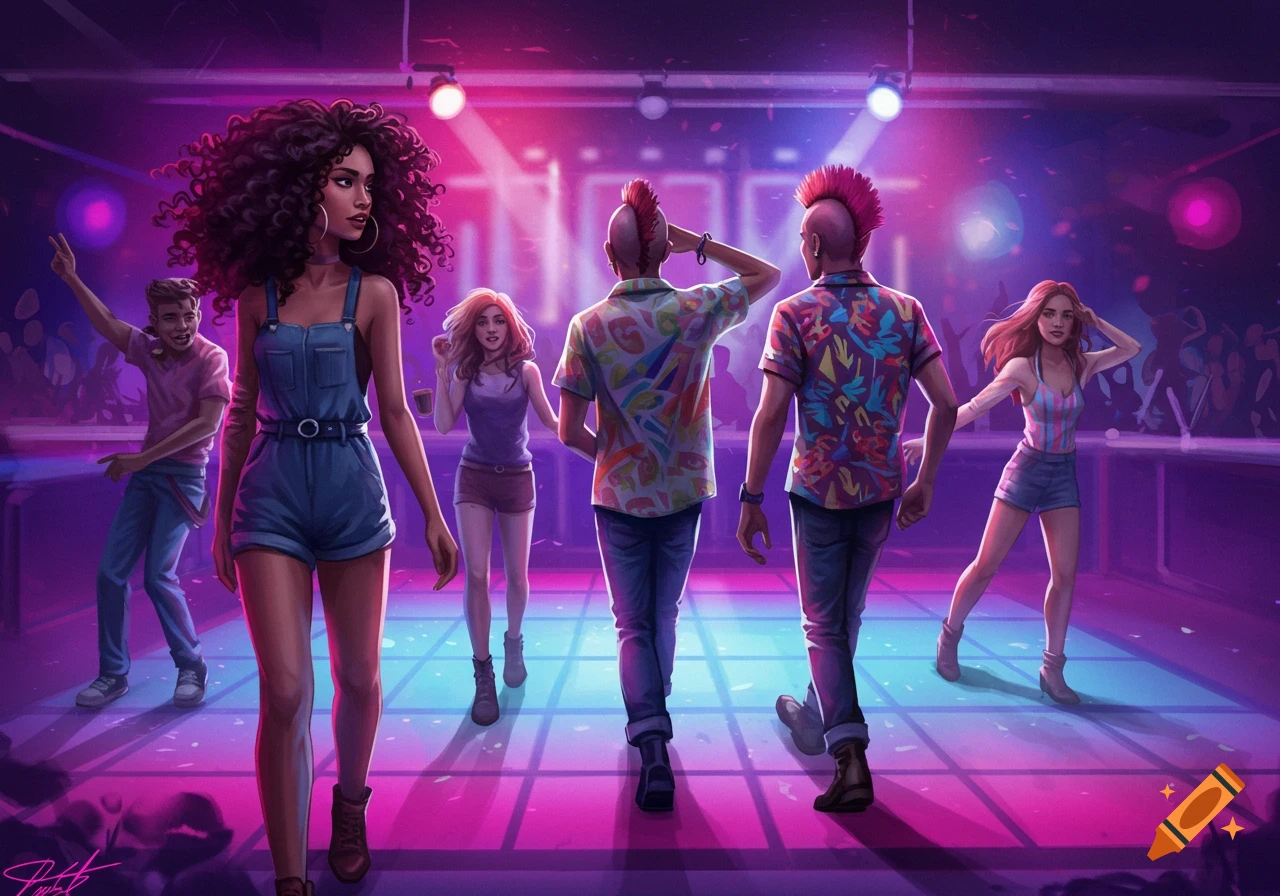 Illustrated people walking to a dance floor in a vibrant nightclub with colorful lighting.