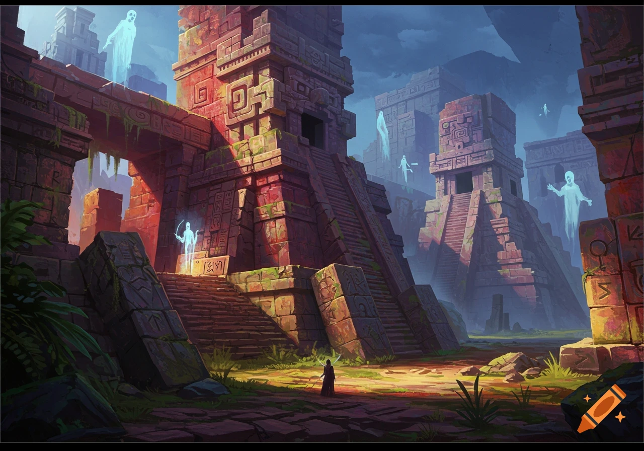 Fantasy art of a robed figure standing before ancient stone ruins with overgrown vegetation and floating ghostly spirits.