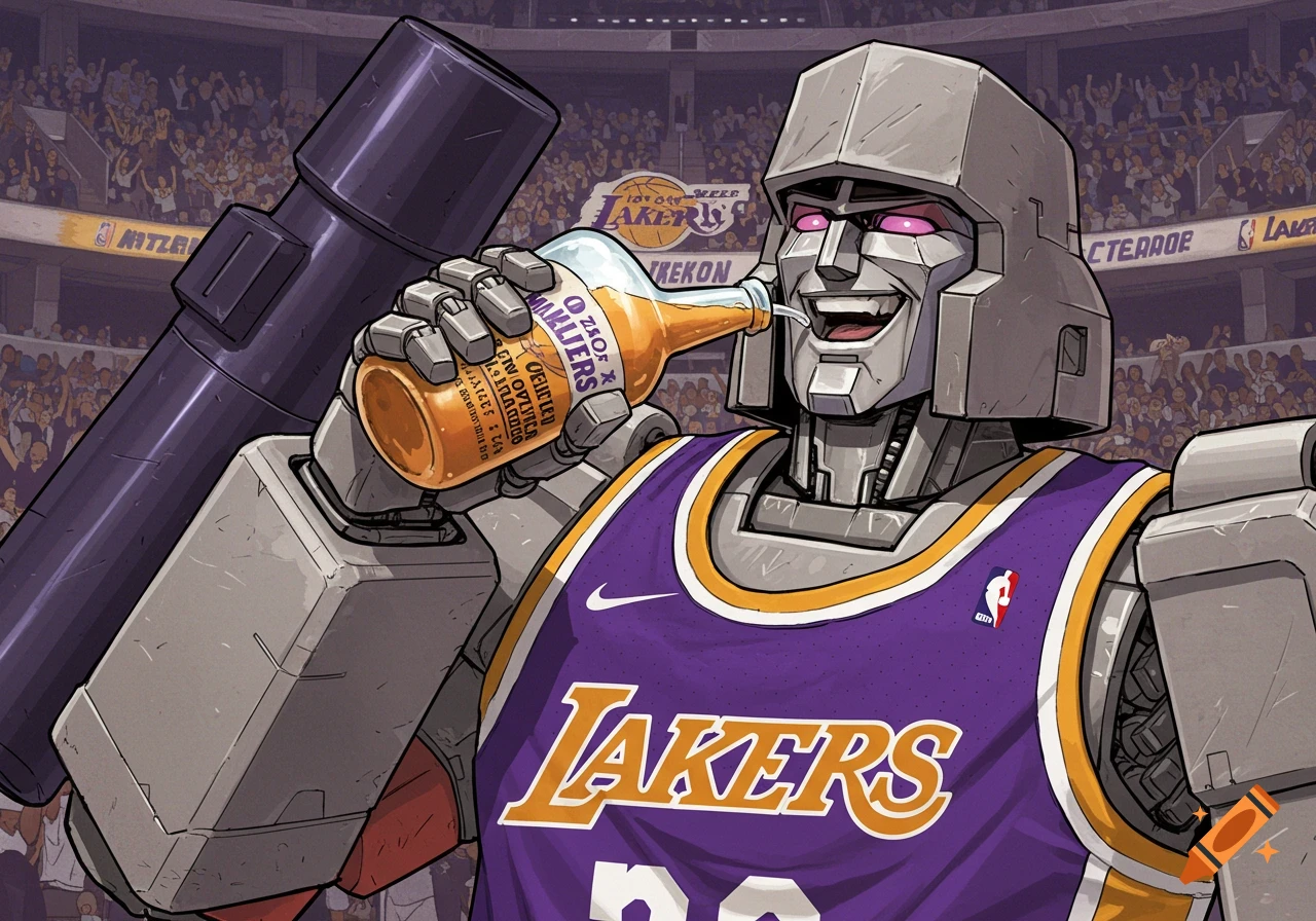 Cartoon illustration of Megatron from Transformers wearing a Lakers jersey and drinking from a bottle in a basketball arena.