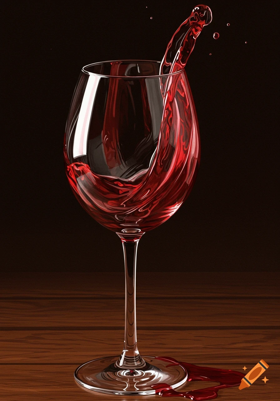 Red wine splashes out of a wine glass onto a wooden table.