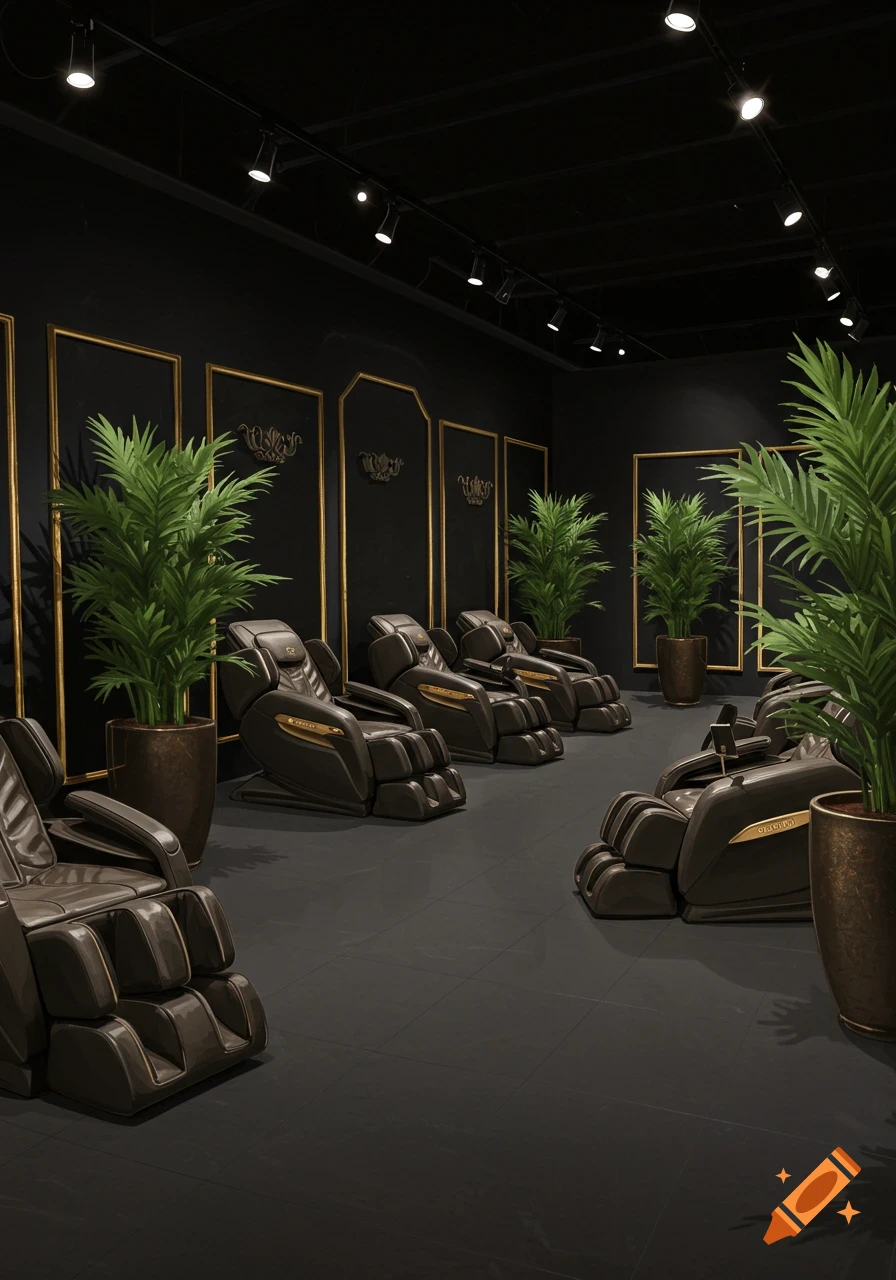 A dark room with several brown massage chairs, potted plants, and black walls with gold trim.