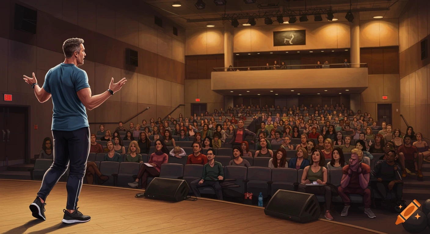 A man presents on a stage to a large audience seated in an auditorium.