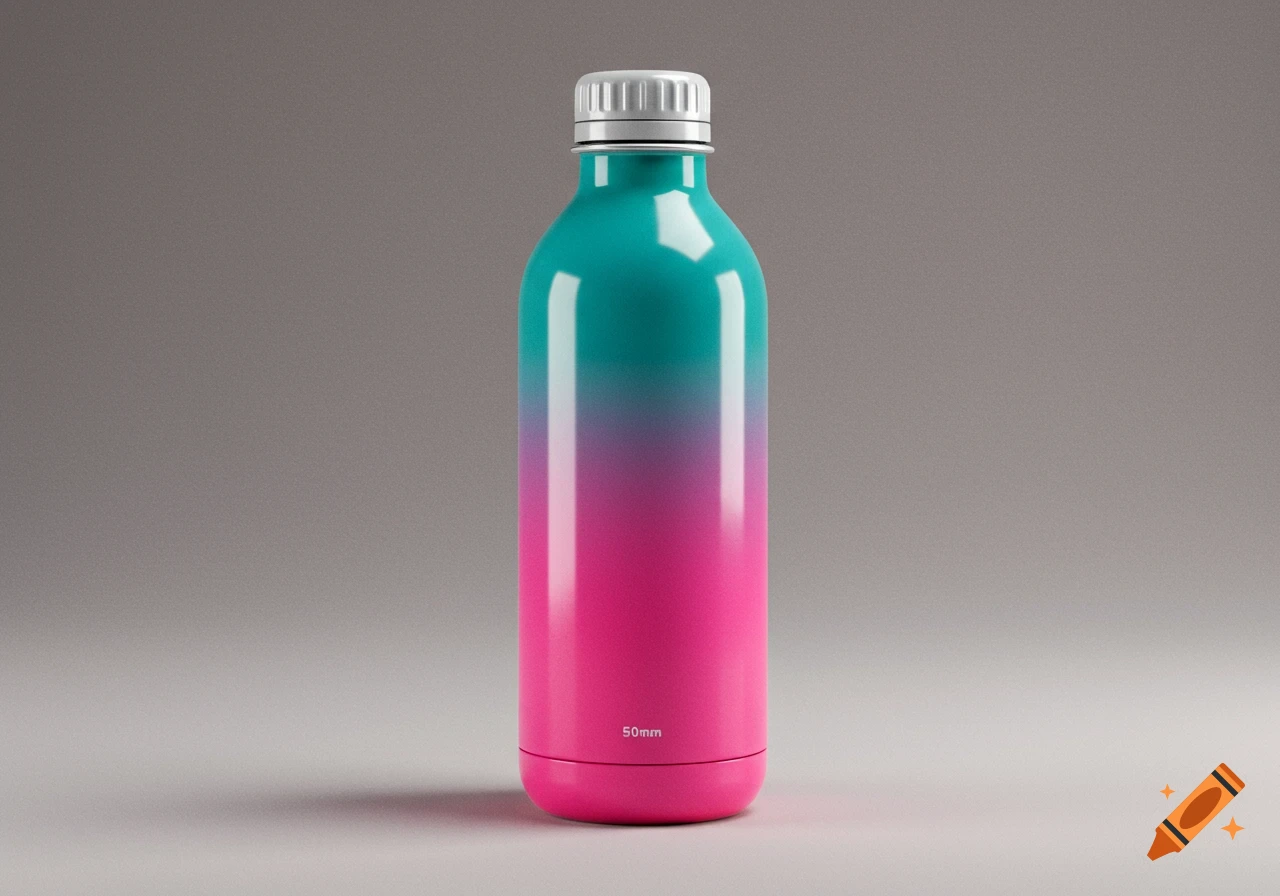 Gradient turquoise and pink drink bottle on a grey background.