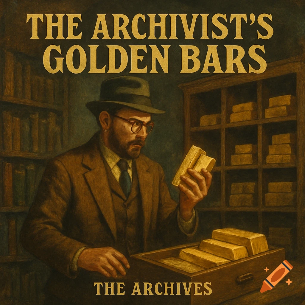 Vintage illustration of an archivist in a suit and hat looking at gold bars in a library, titled The Archivist's Golden Bars.