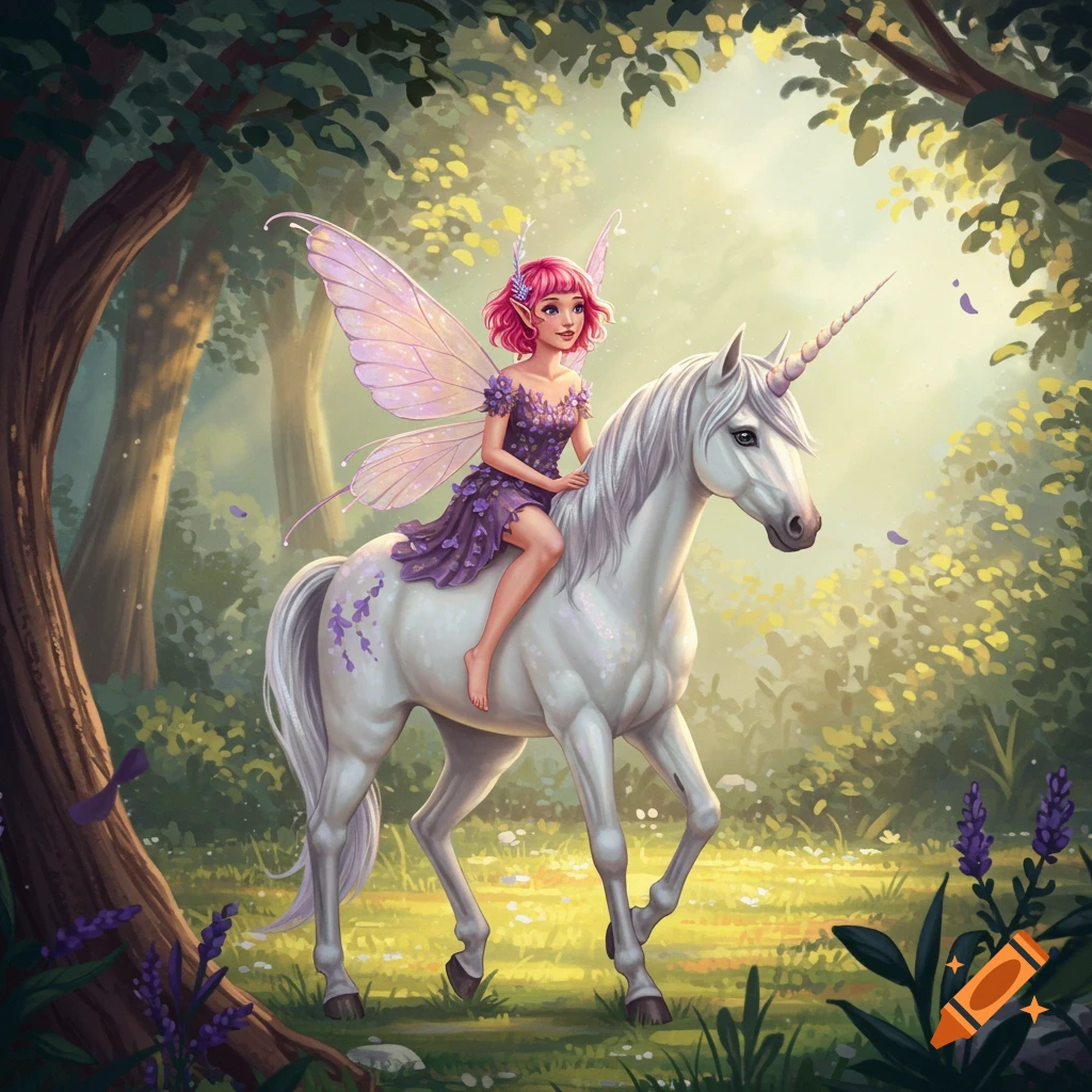 A pink-haired fairy with wings rides a white unicorn through a sunny fantasy forest.