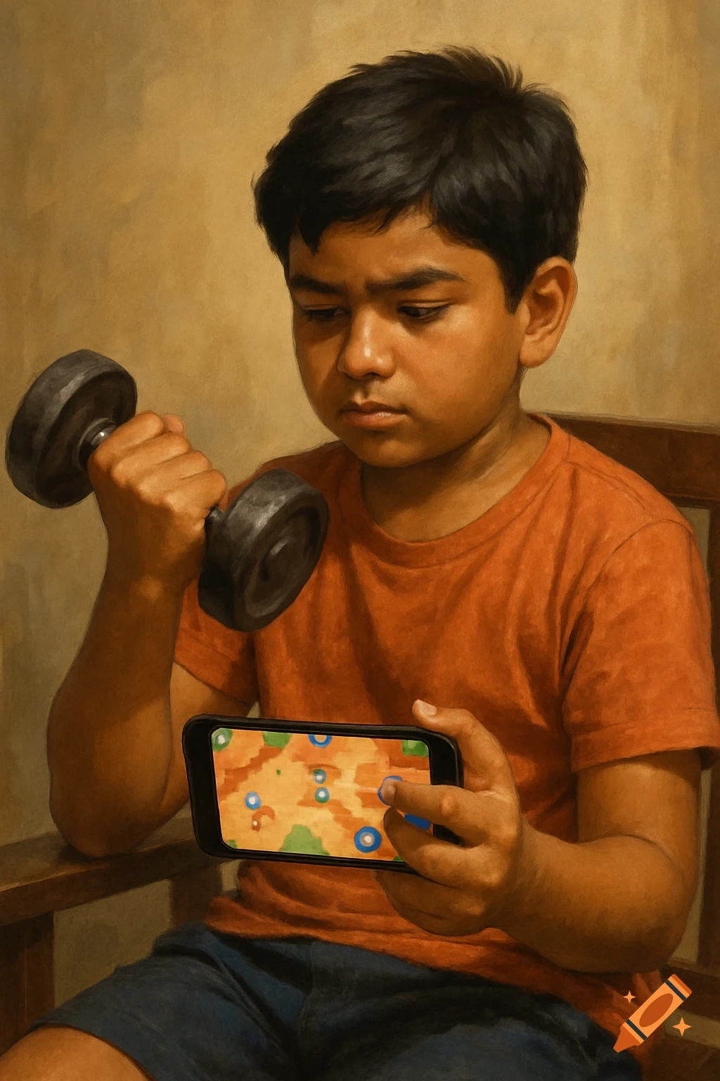 Indian boy holding a dumbbell while playing a mobile game on a smartphone, painted style.