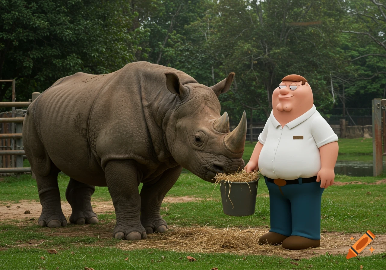 Peter Griffin feeds hay from a bucket to a rhinoceros in a zoo enclosure.