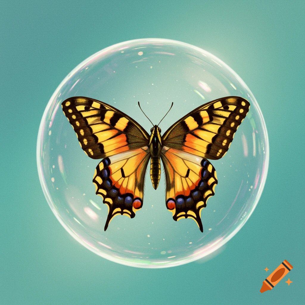 A yellow and black butterfly is inside a clear bubble against a blue background.