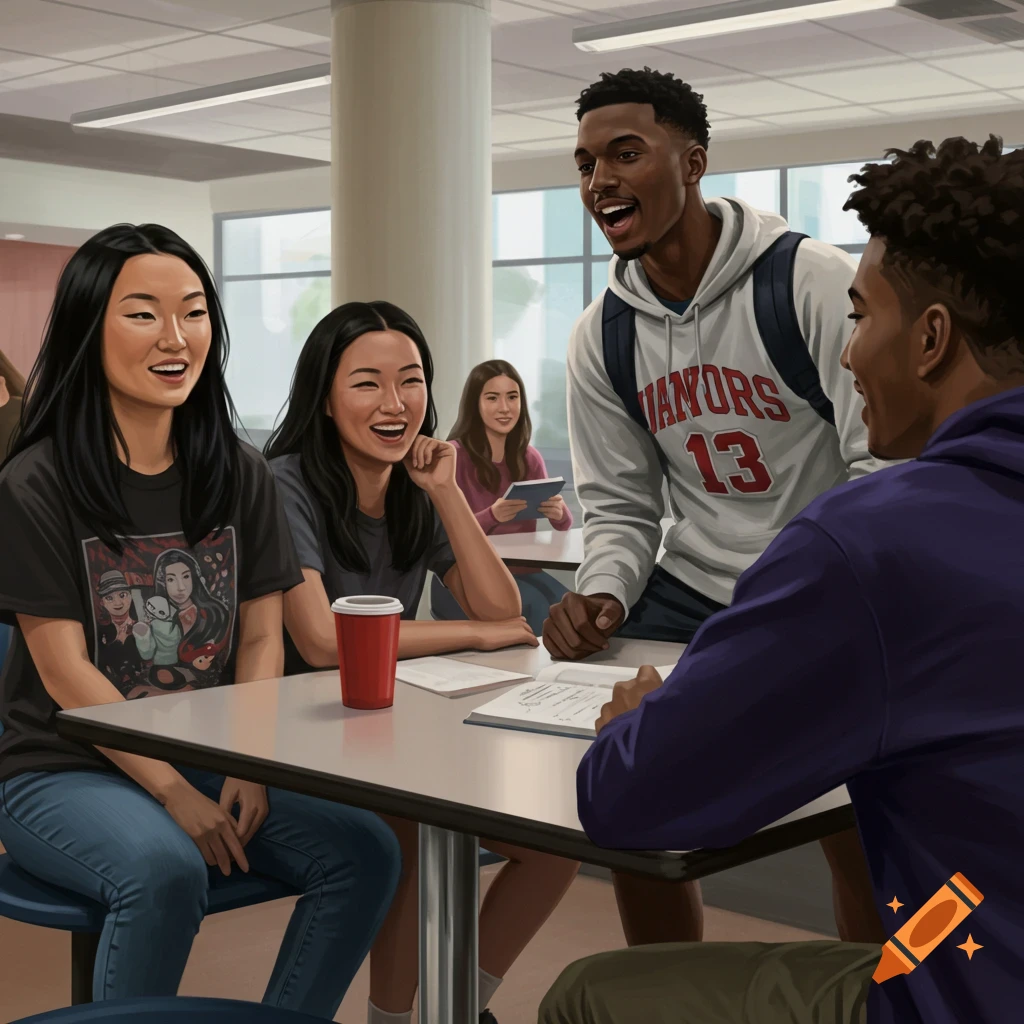 Group of diverse college students laughing and talking at a table in a classroom or cafeteria.