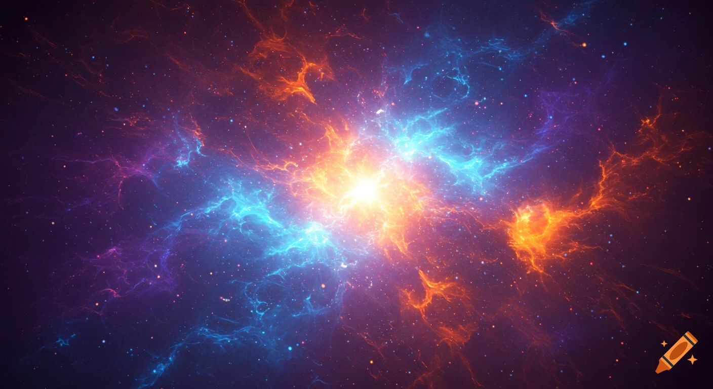 A vibrant space nebula glowing with bright blues, oranges, and purple.