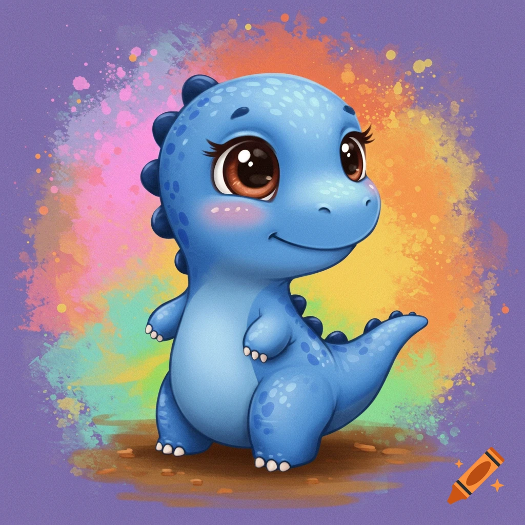 Cute blue cartoon dinosaur with big eyes and paint splatter background