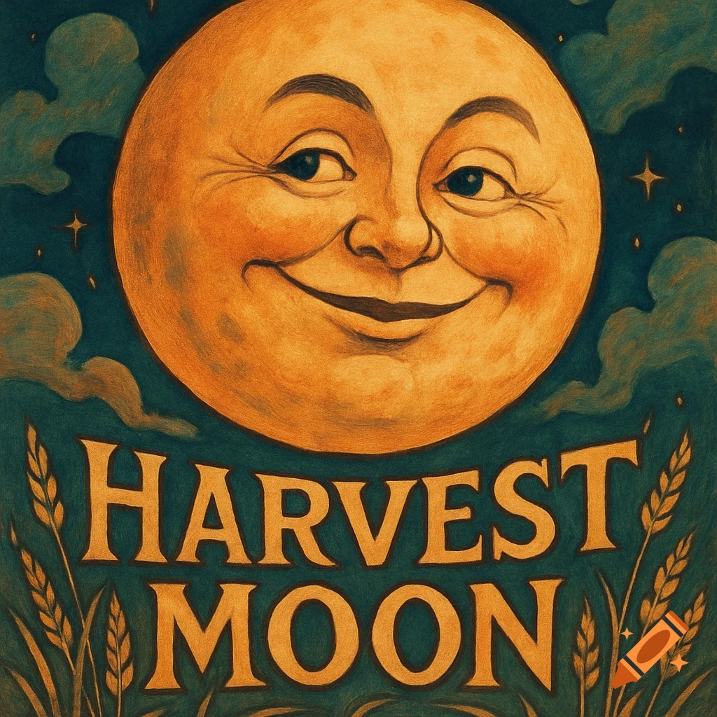 A whimsical illustration of a smiling face on the full moon, with the text "HARVEST MOON" below it, flanked by wheat stalks.