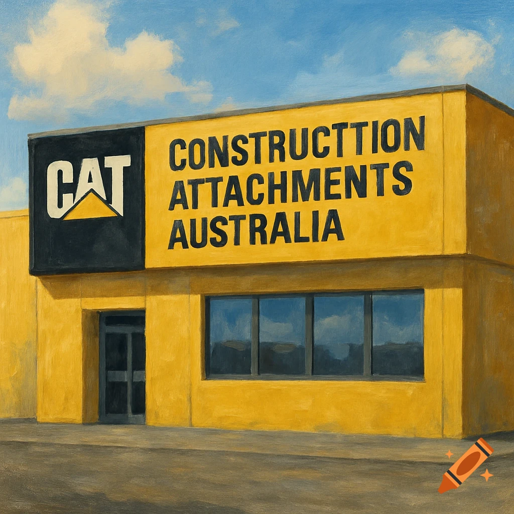 Painted view of a yellow building with a sign for CAT CONSTRUCTION ATTACHMENTS AUSTRALIA.