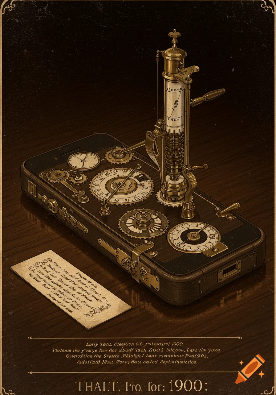 Steampunk device resembling an antique iPhone, made of wood and gears, on a wooden table with a note card. Illustration.