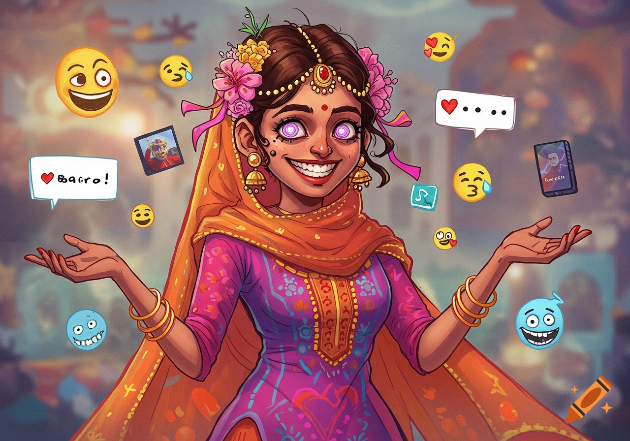 A stylized illustration of an Indian character with glowing eyes surrounded by emojis and social media icons.