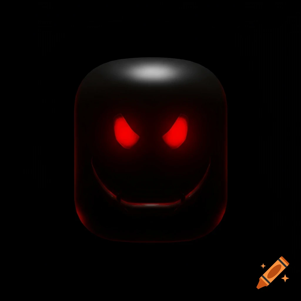A black, shiny, rounded head with glowing red eyes and a wide, red-lit smile against a black background.