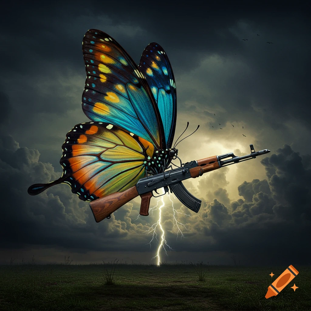 A colorful butterfly holds an AK-47 rifle in a stormy sky with lightning.