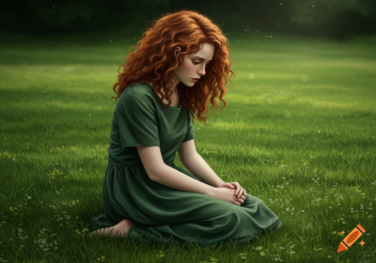 A realistic-looking young woman with long red hair kneels in a field of green grass.
