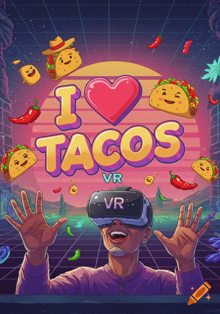 Retro poster of person in VR headset reaching out to cartoon tacos, peppers, and 'I ❤️ TACOS VR' text in a synthwave landscape.
