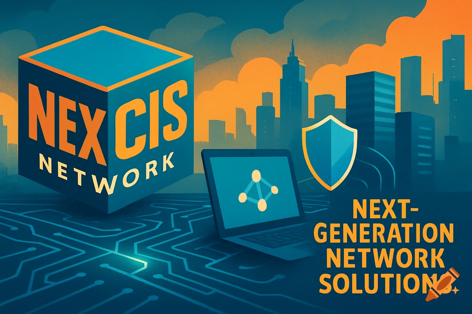 Stylized graphic with a cube, laptop, shield, and city skyline over a circuit board pattern, featuring text.