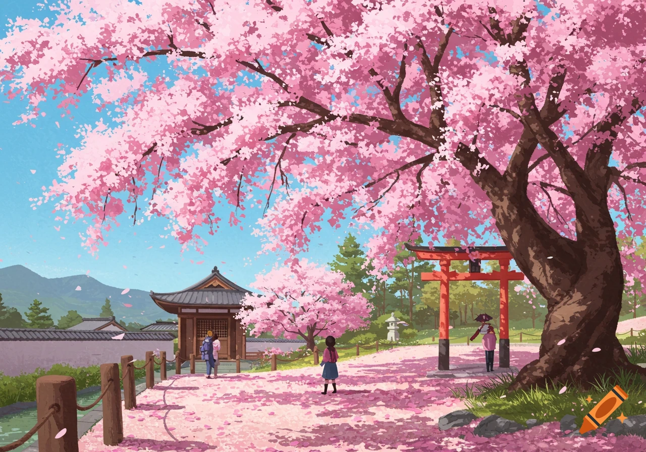 A large cherry tree in full bloom overhangs a path with falling petals near a temple and torii gate in Japan. Anime style.