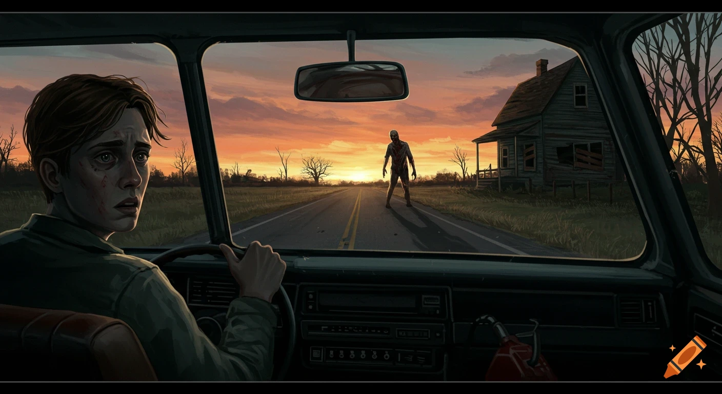 Person in car looks terrified at zombie on road before abandoned house at sunset. Painted style.