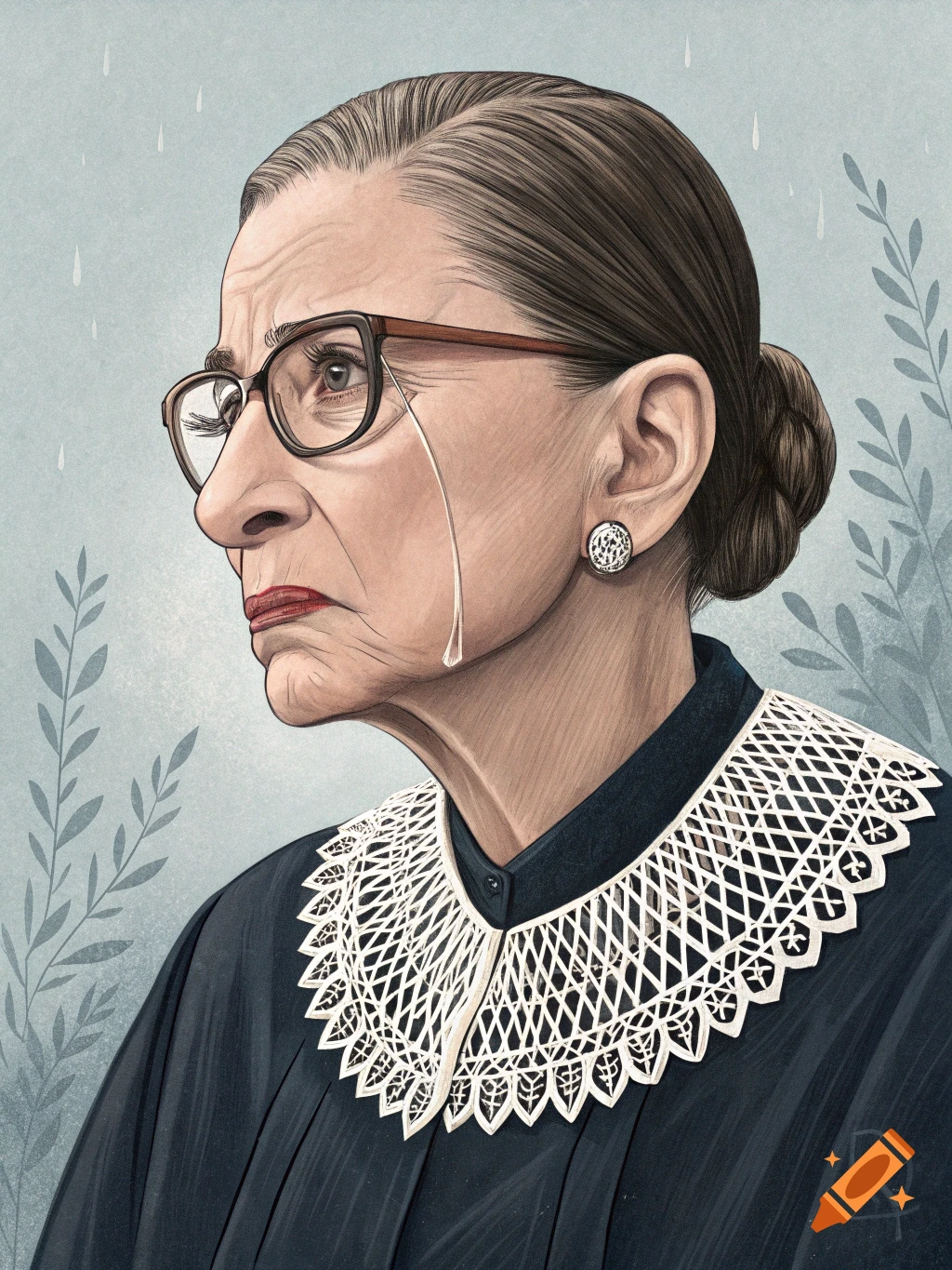 Profile illustration of Ruth Bader Ginsburg with a tear running down her cheek.
