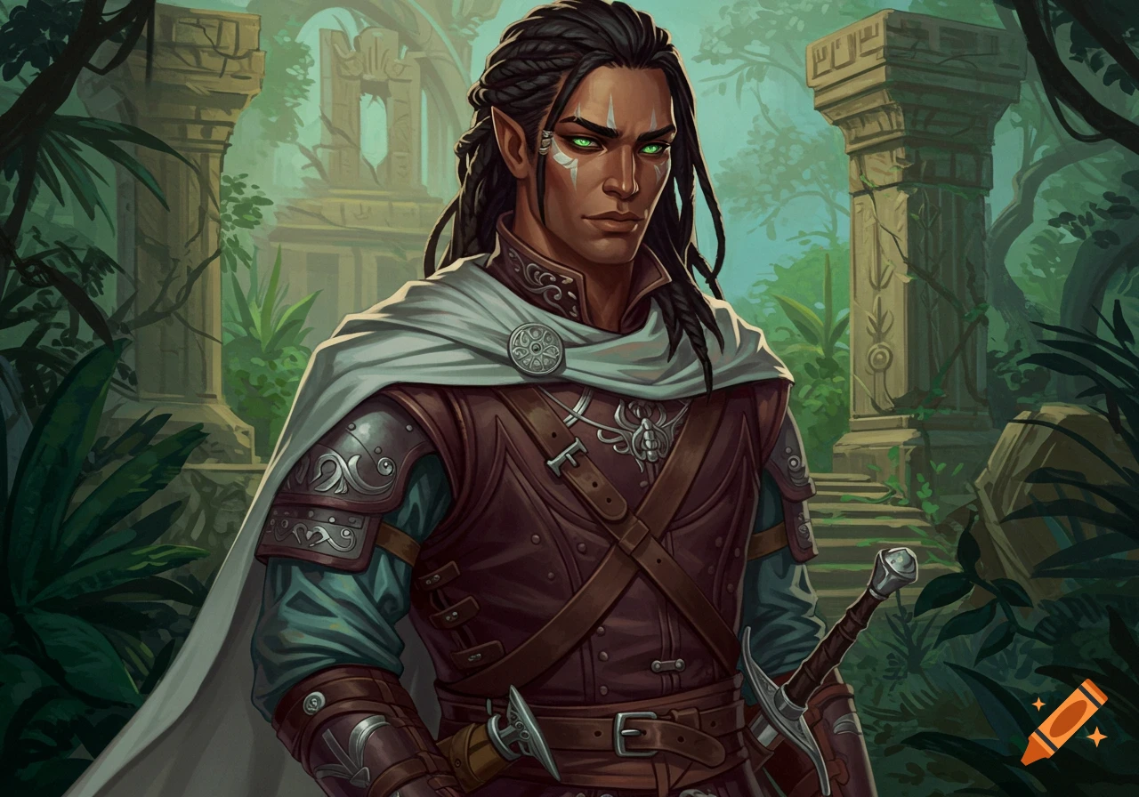 Fantasy illustration of an elven man in armor with a sword standing in ...