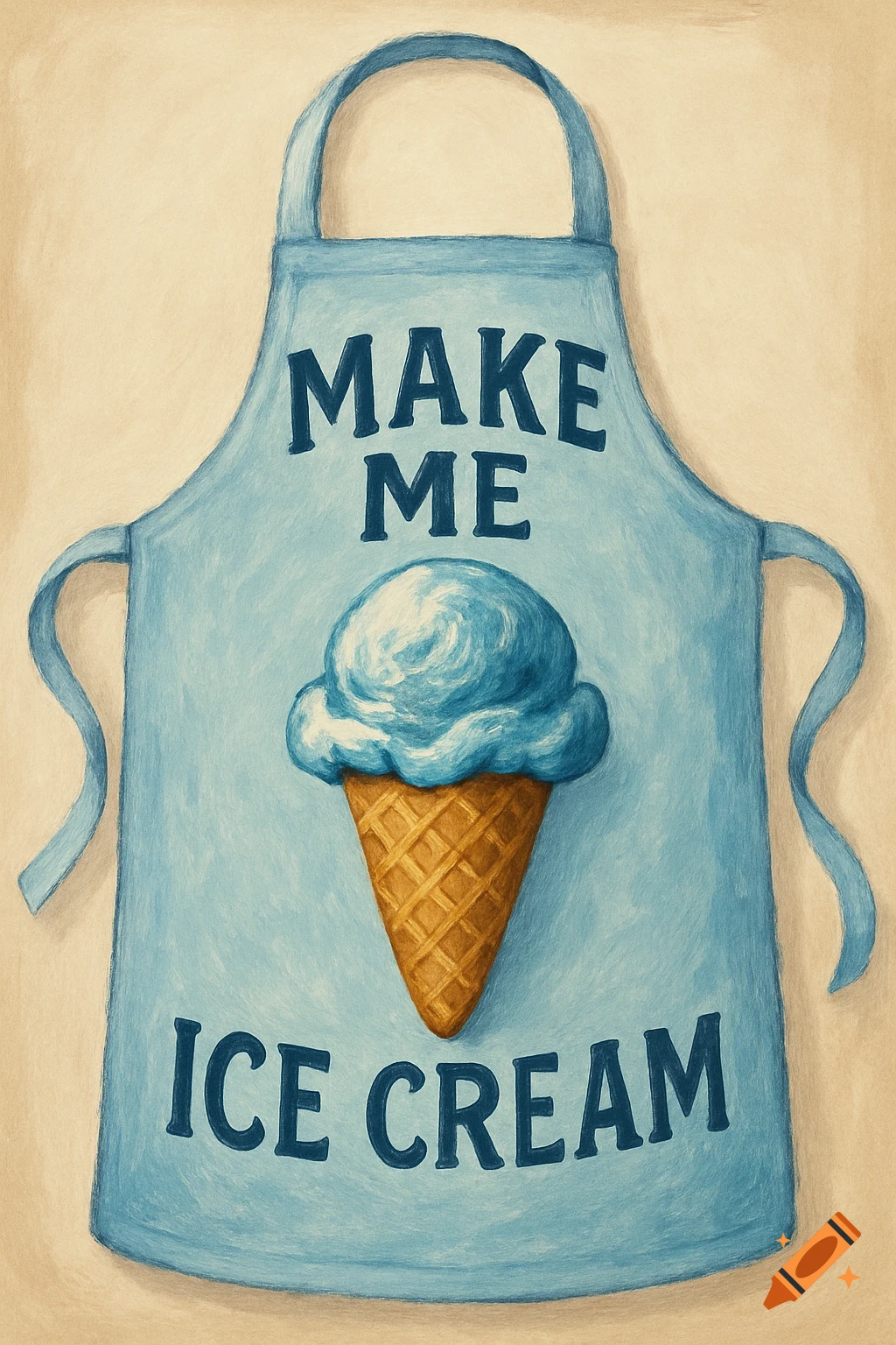 Blue apron with an illustration of an ice cream cone and the text 'MAKE ME ICE CREAM'.