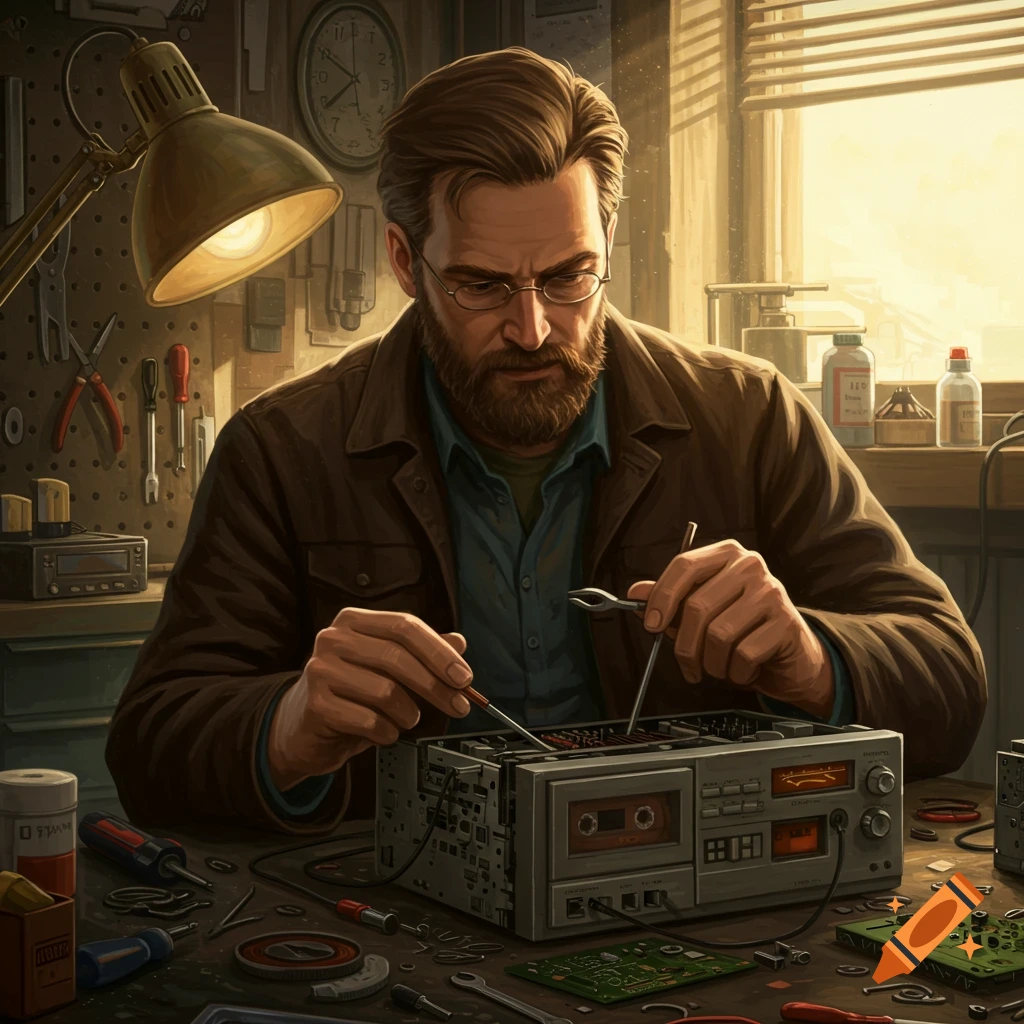 A man with a beard and glasses repairs a vintage cassette deck on a cluttered workbench.