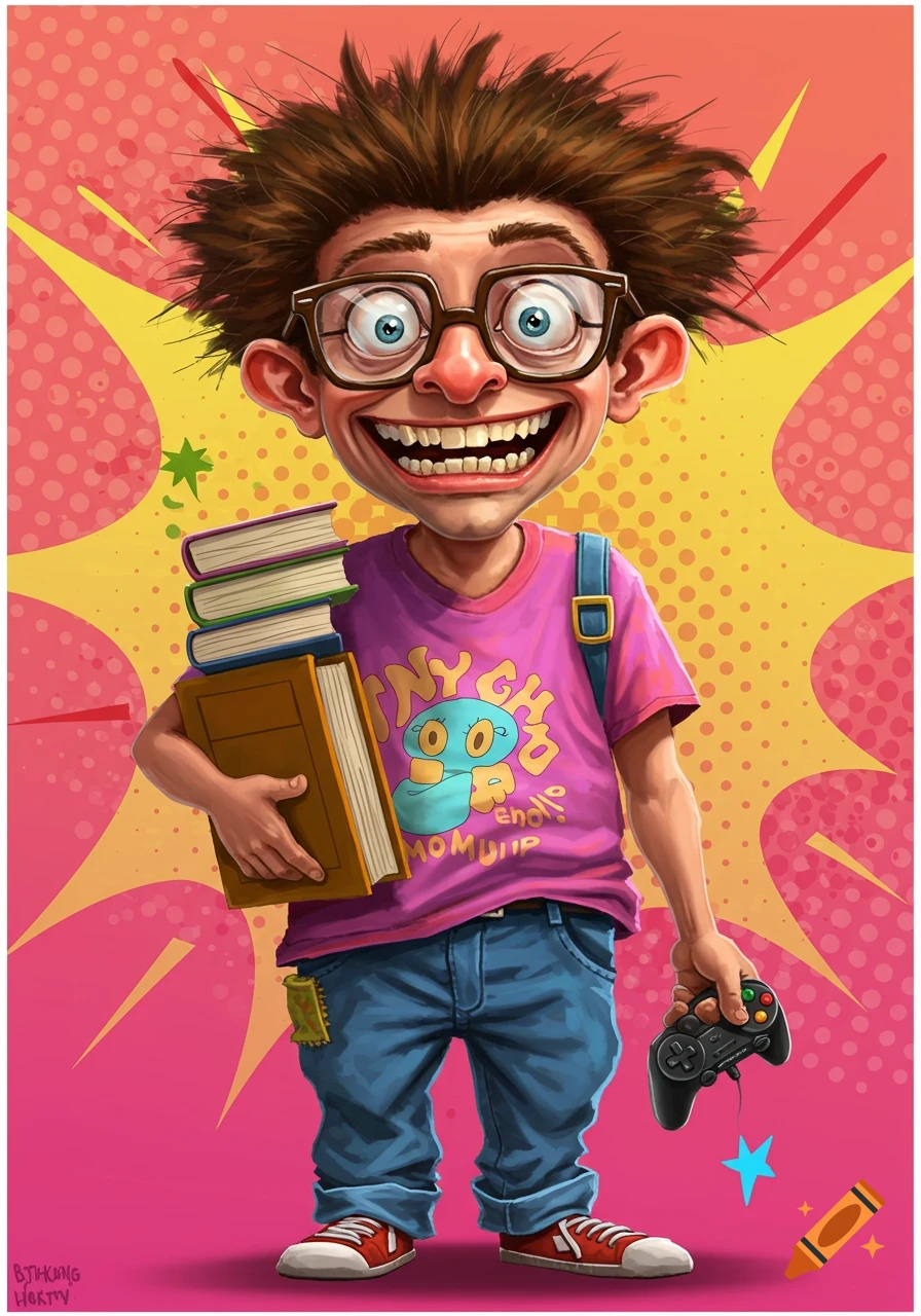 Cartoon illustration of a goofy kid with big glasses, holding books and a controller.