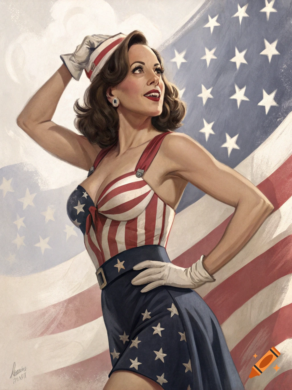 Pin-up style illustration of a woman in a patriotic dress posing in front of an American flag.
