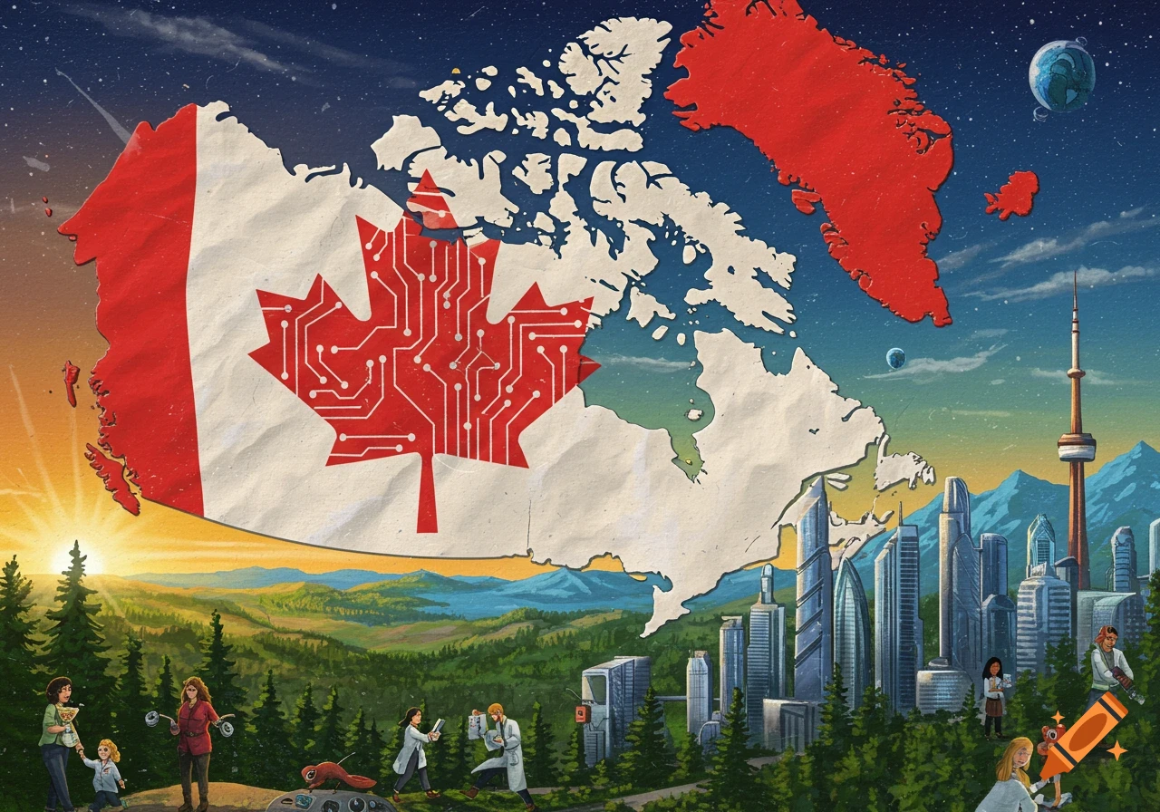 Illustration of a map of Canada with a tech circuit maple leaf, overlaid on a landscape with a futuristic city and people.