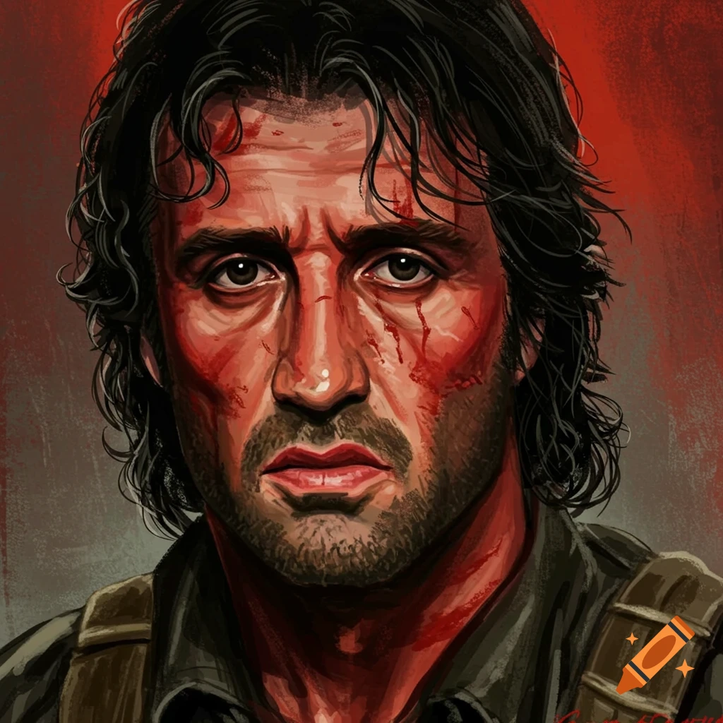 A stylized close-up portrait of a man resembling Rambo, with blood and scratches on his face.