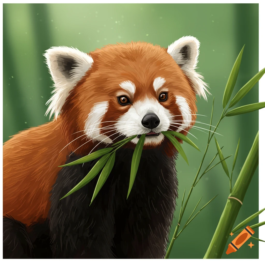 Close up illustration of a red panda eating bamboo leaves