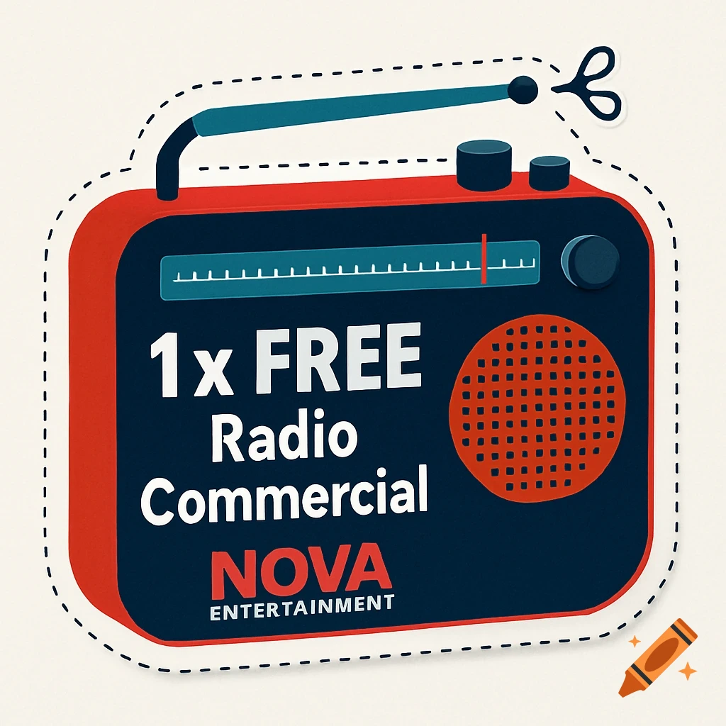 An illustration of a red and blue radio shaped voucher with dashed cut lines around the edge.