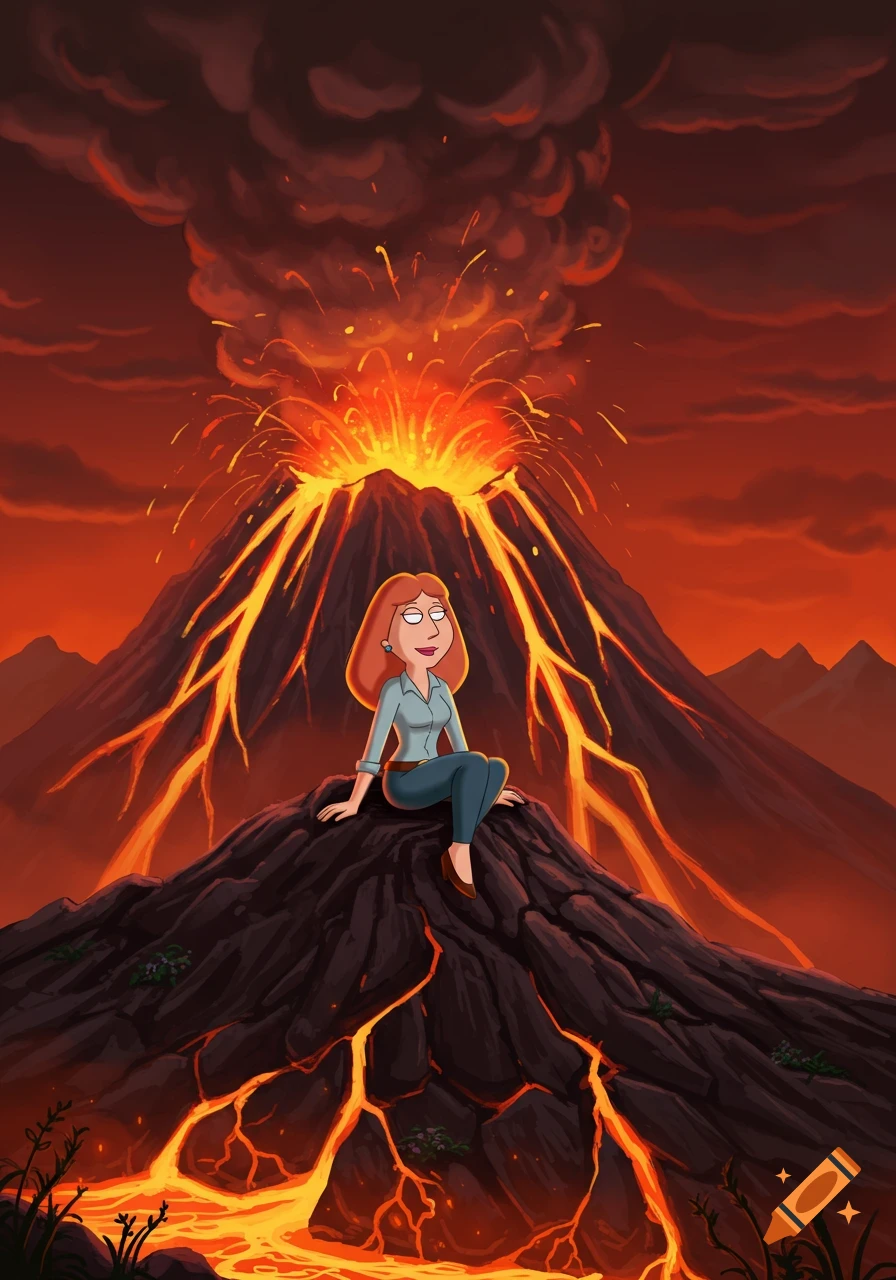 Lois Griffin sits on a rock on the side of an erupting volcano with lava flows.