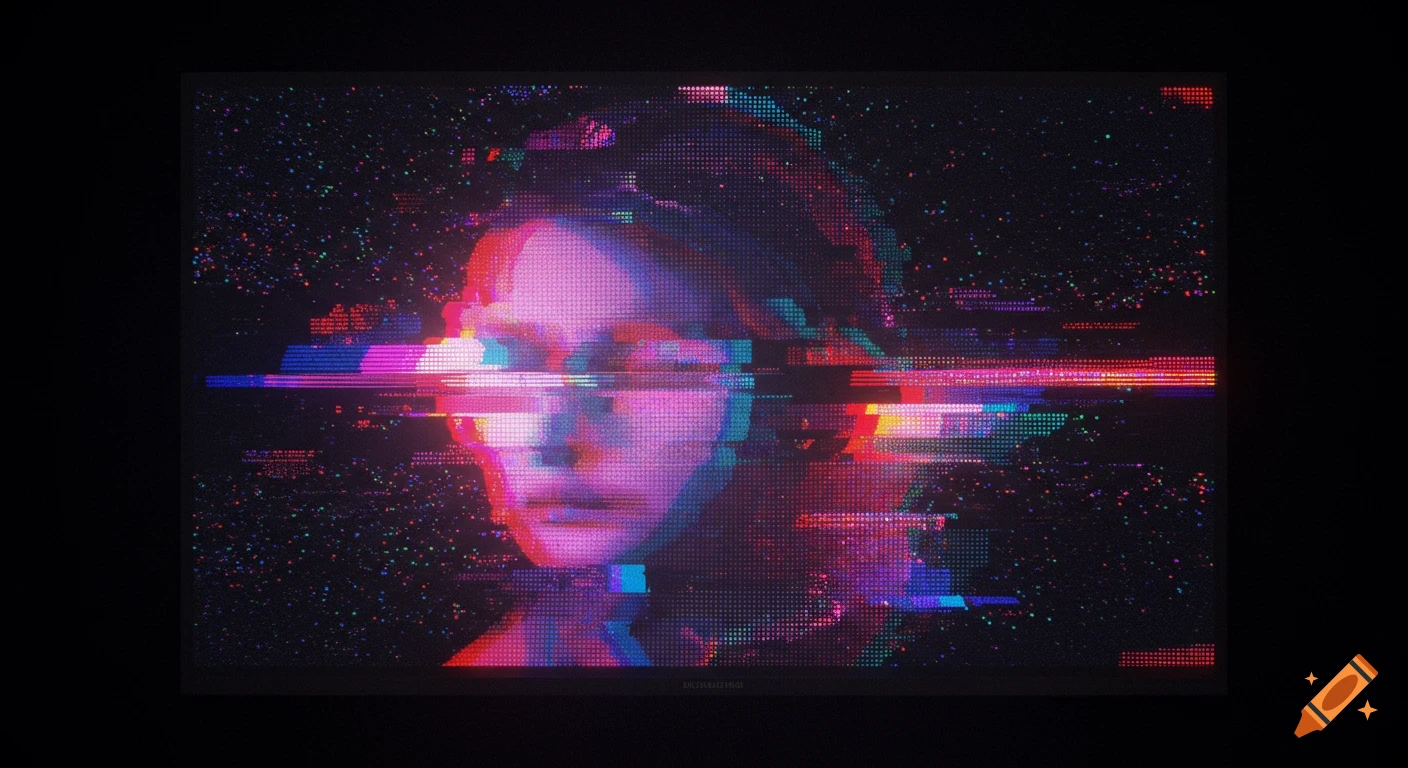 A portrait of a person distorted by digital glitch and pixelation effects.